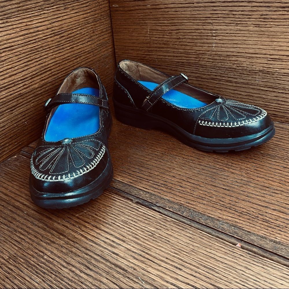Dr comfort 8.5 leather paradise Mary Jane black buckle slip on shoes sun flower